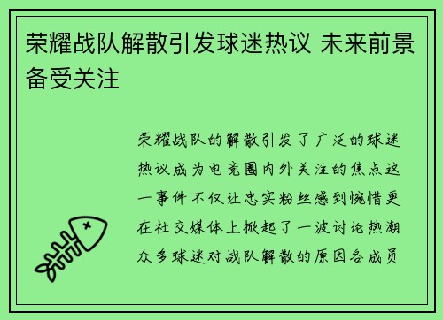 荣耀战队解散引发球迷热议 未来前景备受关注