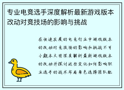 专业电竞选手深度解析最新游戏版本改动对竞技场的影响与挑战