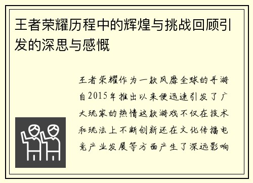 王者荣耀历程中的辉煌与挑战回顾引发的深思与感慨