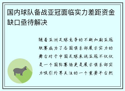 国内球队备战亚冠面临实力差距资金缺口亟待解决