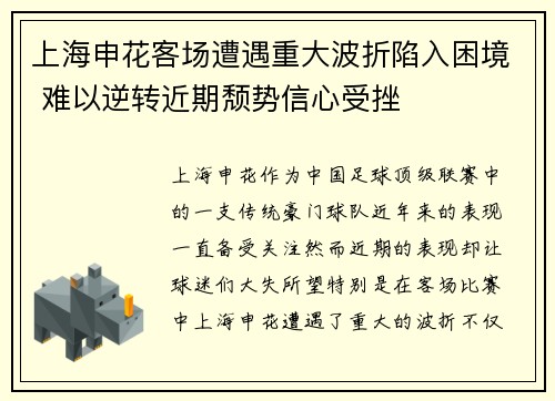 上海申花客场遭遇重大波折陷入困境 难以逆转近期颓势信心受挫