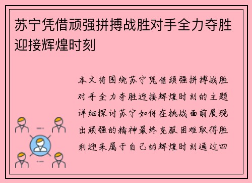 苏宁凭借顽强拼搏战胜对手全力夺胜迎接辉煌时刻