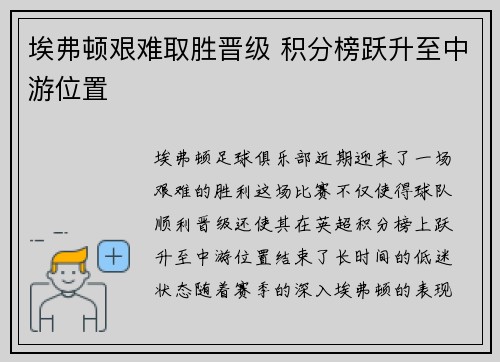 埃弗顿艰难取胜晋级 积分榜跃升至中游位置