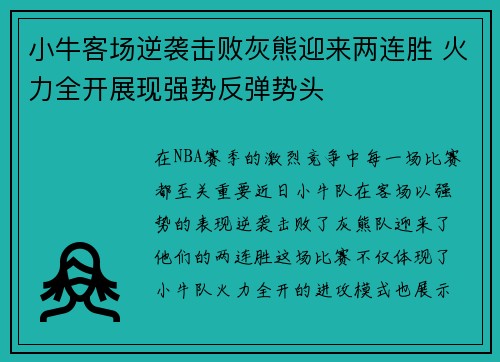 小牛客场逆袭击败灰熊迎来两连胜 火力全开展现强势反弹势头