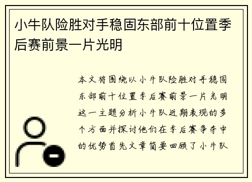 小牛队险胜对手稳固东部前十位置季后赛前景一片光明