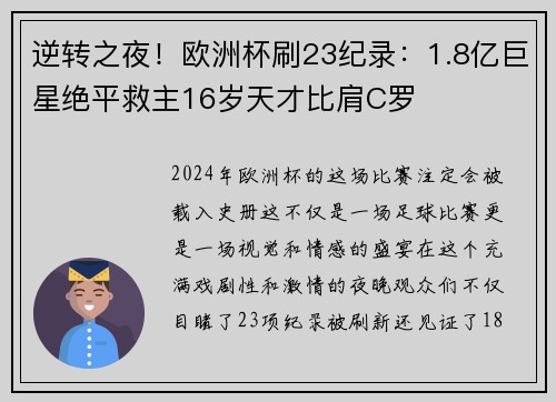 逆转之夜！欧洲杯刷23纪录：1.8亿巨星绝平救主16岁天才比肩C罗