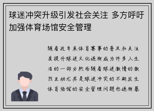 球迷冲突升级引发社会关注 多方呼吁加强体育场馆安全管理