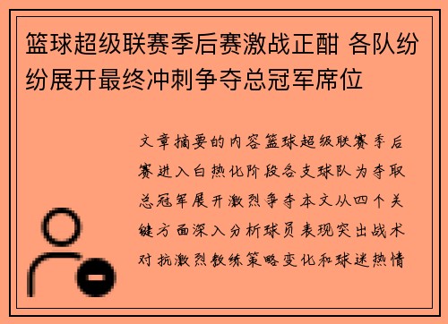篮球超级联赛季后赛激战正酣 各队纷纷展开最终冲刺争夺总冠军席位